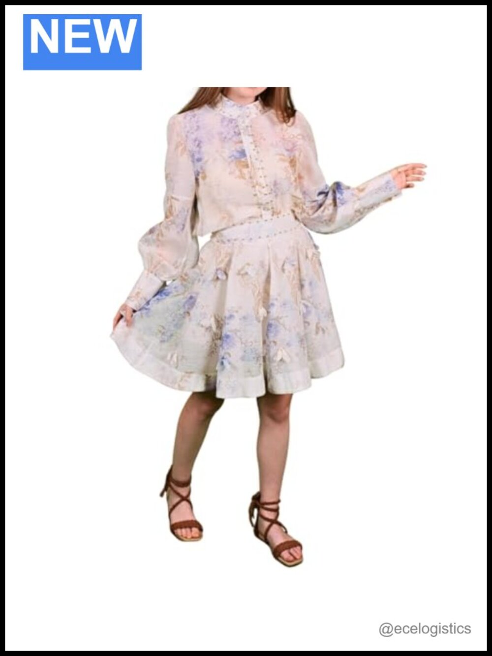 Women's 2-Piece Skirt Set High Neck Long Sleeve Floral Blouse & Flowy Skirt